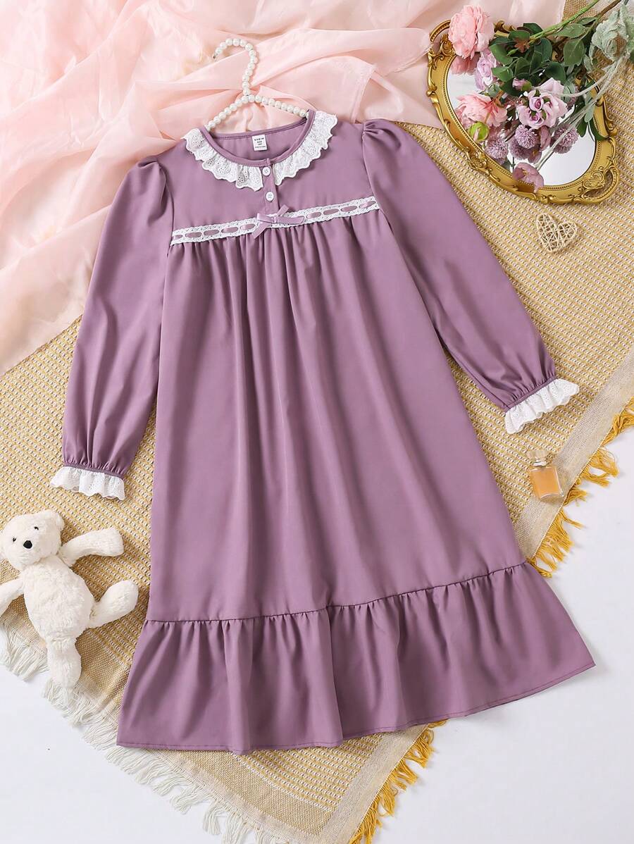 Tween Girls Elegant Lace Trim Long Sleeve Long Nightgown Loungewear - Purple - View 1