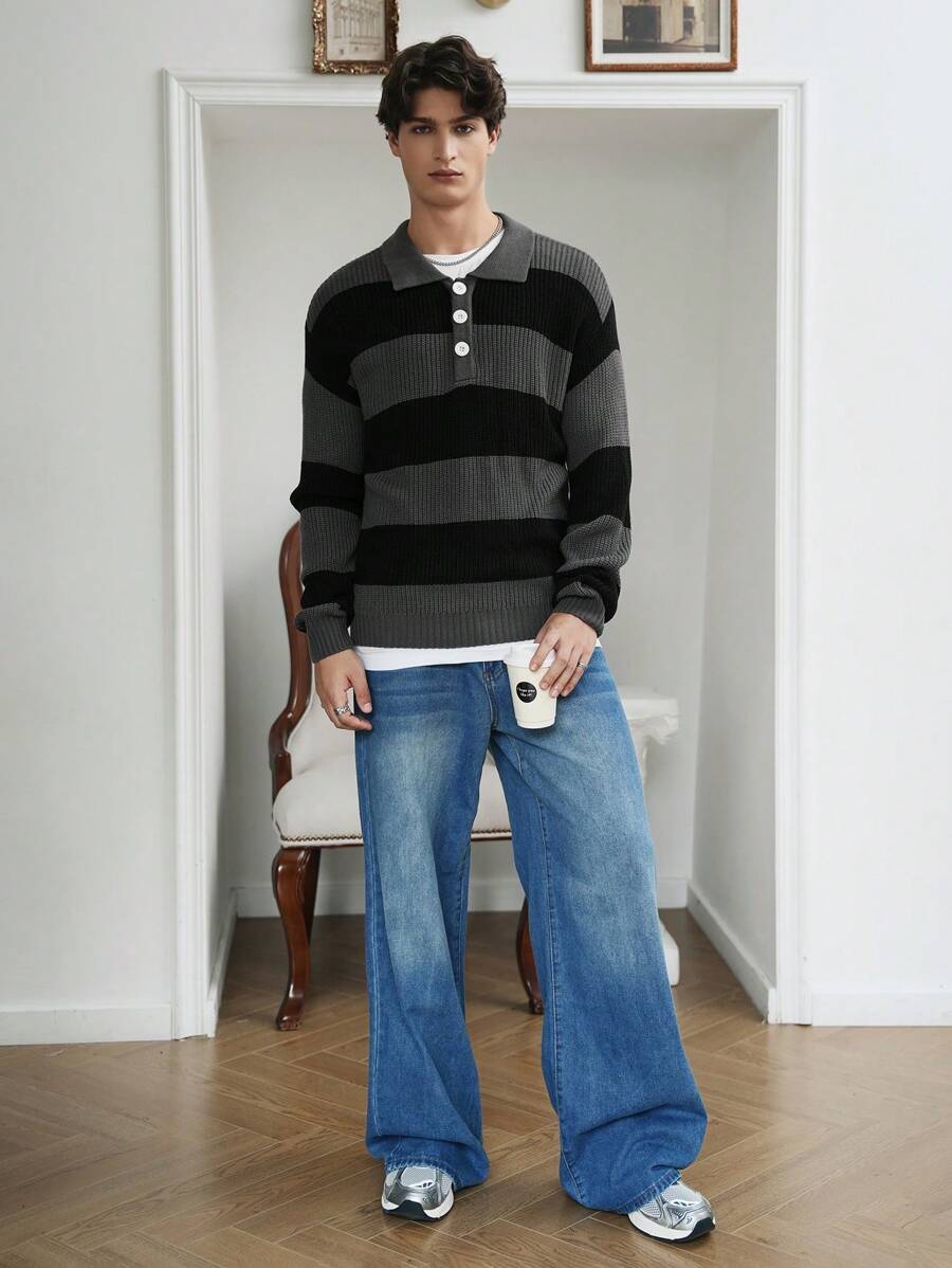 Manfinity Roghcode 男士休闲拼色条纹毛衣，春季和秋季 - 彩色 - 查看 1