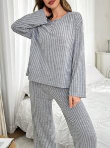Bộ đồ mặc nhà giản dị cài nút ve áo chải có họa tiết (Áo dài tay và quần dài) - Xám - Xem 3
