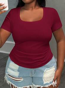 Slaydiva Plus Size Casual Daily Square Neck Short Sleeve Ruched Waist White Summer T-Shirt - Burgundy - View 4