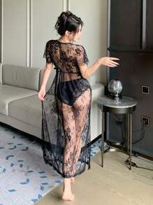 DAZY 蕾丝边 V 领系带透视深 V 领性感睡袍，适合外出穿着 - 黑色 - 查看 2