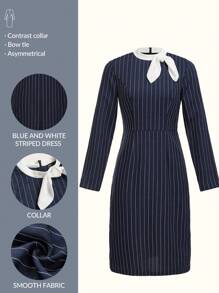 TaskEZ 女士条纹印花拼色长袖优雅工作连衣裙
