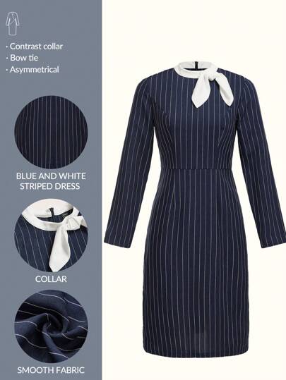 TaskEZ 女士条纹印花拼色长袖优雅工作连衣裙