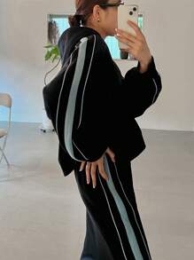 FRIFUL 2 Stück Damen Lässig Gestreifter Langarm Hoodie und Weite Hose Set, Herbst/Winter Trainingsanzug Damen Set