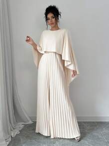 Lyxana Bộ đồ liền thân xếp ly màu trơn tối giản thanh lịch dành cho nữ, mùa thu - Màu be - Xem 3