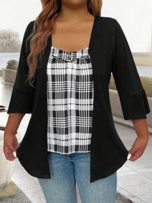 Áo thun kẻ caro thường ngày 2 trong 1 cỡ lớn, mùa thu - màu đen - Xem 3