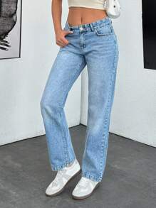 EURMUSE WOMEN SLIM STRAIGHT LOW WAIST JEANS - Medium Wash - View 3