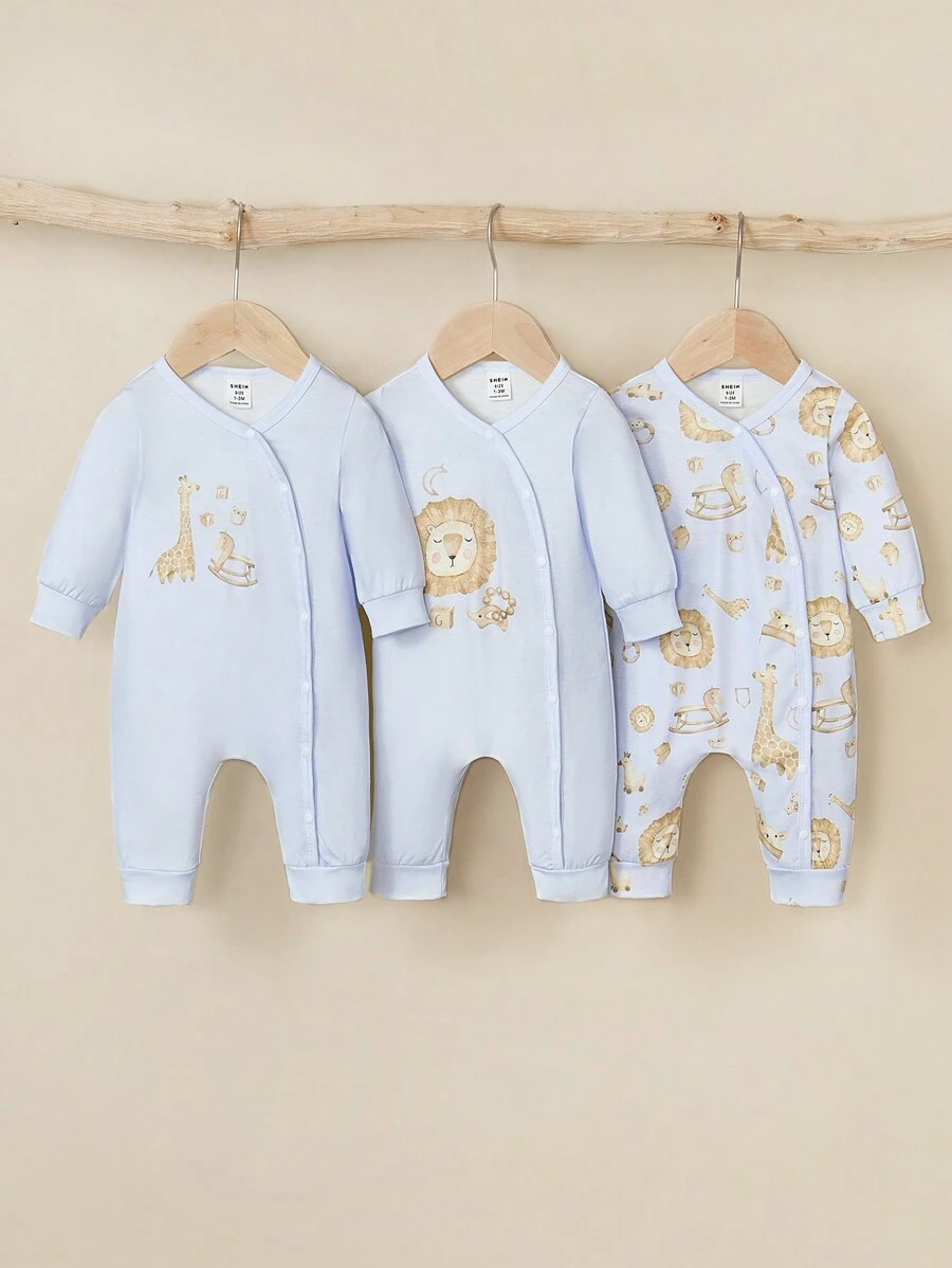 SHEIN 3 件套男婴休闲可爱卡通动物狮子和长颈鹿印花长袖连体裤，秋季