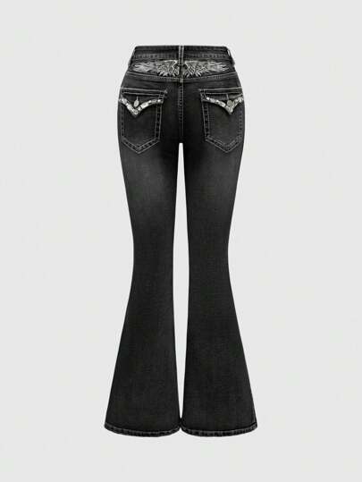 Goth Jeans décontractés à taille basse, jambes évasées, avec poches ornées de strass et broderie d'ailes