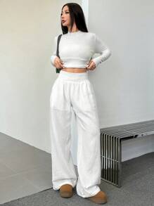 SHEIN EZwear Lässige einfarbige Crêpe-Schlupfhose mit geradem Bein - Weiss - Übersicht 4