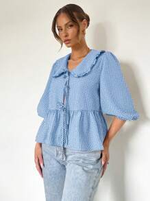 SHEIN Essnce Plus Size Women Plaid Ruffle Collar Button Front Blouse With Bow - Blue - View 3