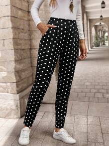 EMERY ROSE 波点印花口袋装饰休闲直筒裤 - 黑色 - 查看 6