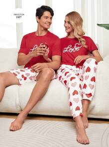 Men's Short Sleeve T-Shirt And Shorts Pajama Set With English Heart Print - Red - View 1