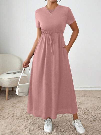 SHEIN Essnce Vestido casual largo con cuello redondo, mangas cortas, cintura con lazo y bolsillos para mujer