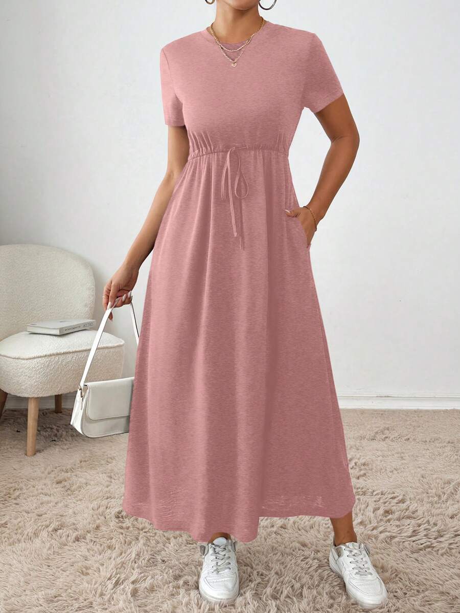 SHEIN Essnce 女式纯色圆领短袖腰带口袋长款休闲连衣裙 - 粉色 - 查看 1
