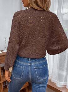 Chiquease 女士镂空扭纹前灯笼袖宽松开衫 - 咖啡棕 - 查看 2