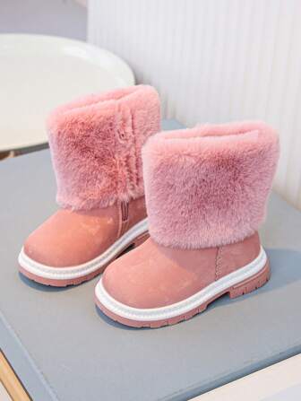 1 双女婴毛茸茸舒适保暖平底雪地靴，适合雪天户外日常穿着，秋冬季
