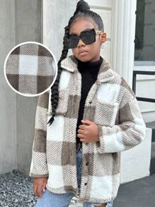 SHEIN Tween Girl Winter Casual Reversible Plaid Long Sleeve Cardigan - Brown - View 1