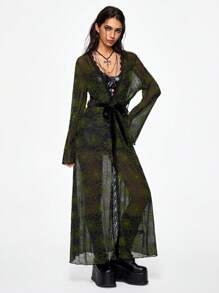 ROMWE Goth 女士神秘黑暗女巫吊兰植绒长款罩衫蕾丝边上衣 - 黑色 - 查看 3