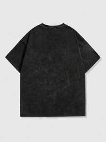 ROMWE MEN Street Life Men's Portrait Print Crinkle Dye Short Sleeve Y2k T-Shirt, Suitable For Daily Wear In Spring And Summer, School - Black - View 2