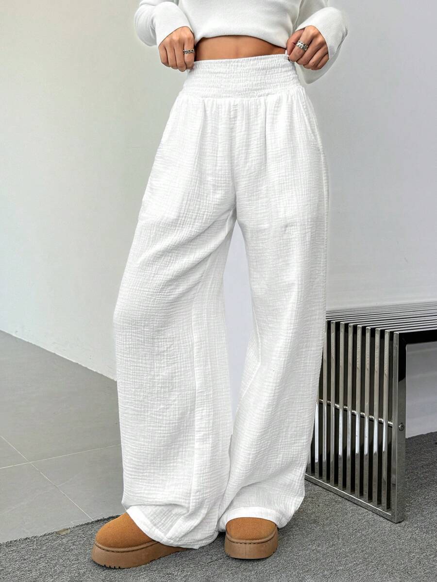SHEIN EZwear Casual Solid Color Crepe Straight Leg Baggy Pants - White - View 1