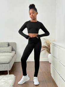 SHEIN 2 piezas/Conjunto Parte superior de manga larga con abertura en la espalda y leggings Conjunto de ropa deportiva para niñas preadolescentes
