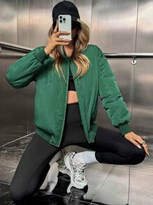 Chiquease Loose Fit Padded Bomber Puffer Jacket, Thick Short Outerwear - Green - View 5