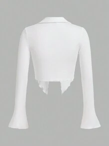 SHEIN ICON 女式金属字母装饰长袖开衩休闲 T 恤，春秋季 - 白色 - 查看 2