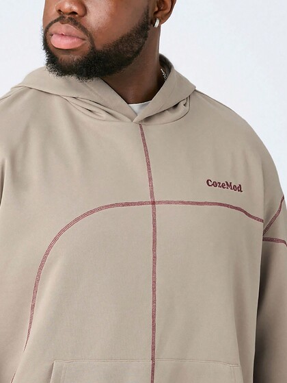 Manfinity VCAY Plus Size Men's Casual Knitted Contrast Color Trim Loose Drop Shoulder Hooded Sweatshirt For Autumn And Winter