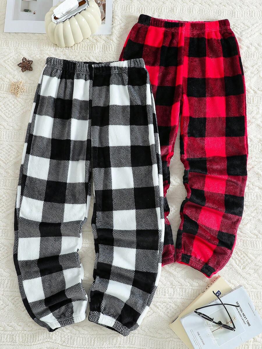 SHEIN 2pcs Men Simple Fashion Classic Plaid Warm Fleece Loungewear Long Pants , Fall Winter Clothes, Fluffy, Christmas, Cozy - Multicolor - View 1