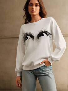 Anewsta Loose Fit Feather Eye Print Pullover Sweatshirt For Women Fall - White - View 6