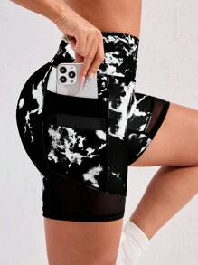 Quần short thể thao cạp cao thời trang giản dị, kéo dài chân, nâng mông, có túi đựng điện thoại, họa tiết hoa đen trắng có lưới - màu đen - Xem 1