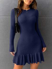 SHEIN Privé Women's Casual Ruffled Hem Ribbed Knit Long Sleeve Sweater Dress, Autumn/Winter - Navy Blue - View 5