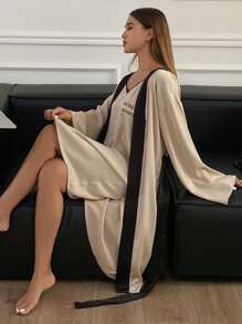 DAZY Contrast Color Satin Letter Print Slip Dress & Robe Pajama Set - Khaki - View 1