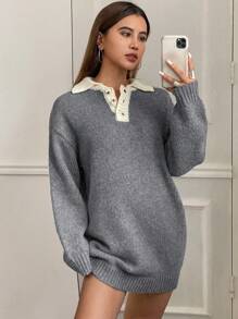 DAZY Women's Casual Color-Block Loose Long Sleeve Sweater,Fall Clothes - Grey - View 5