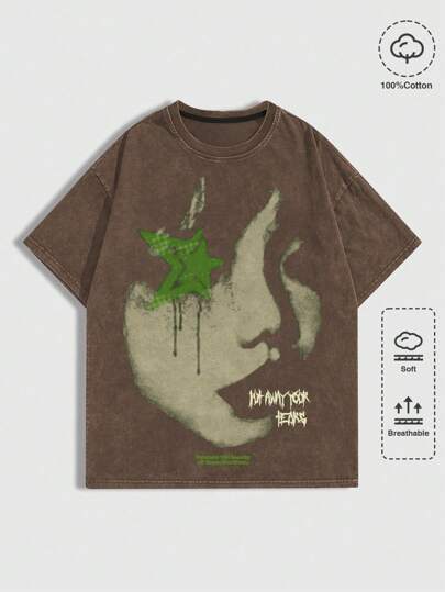 Street Life Men's Portrait Printed Snow Washed Short Sleeve T-Shirt, Daily Wear For Spring And Summer, School