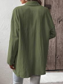 SHEIN LUNE 女士休闲纯色宽松落肩衬衫女士衬衫 - 軍綠色 - 查看 2