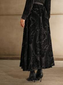 Anewsta Women's Autumn Flared Flocked A-Line Skirt, Everyday Wear - Black - View 2