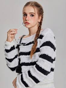 SHEIN Teen Girl Striped Long Sleeve Sweater And Knitted Mini Skirt Set, Autumn Winter - Black and White - View 7