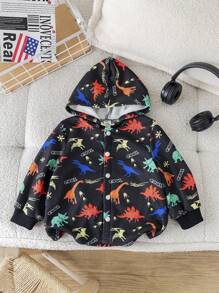 SHEIN 幼儿儿童卡通恐龙印花连帽羊毛夹克，温暖柔软百搭休闲外套，适合冬季户外玩耍