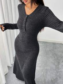 Mulvari 女式休闲纯色高腰连衣裙，秋冬款 - 深灰色 - 查看 3