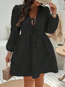 Flirla 大码纯色前系带长袖休闲迷你连衣裙 - 黑色 - 查看 3