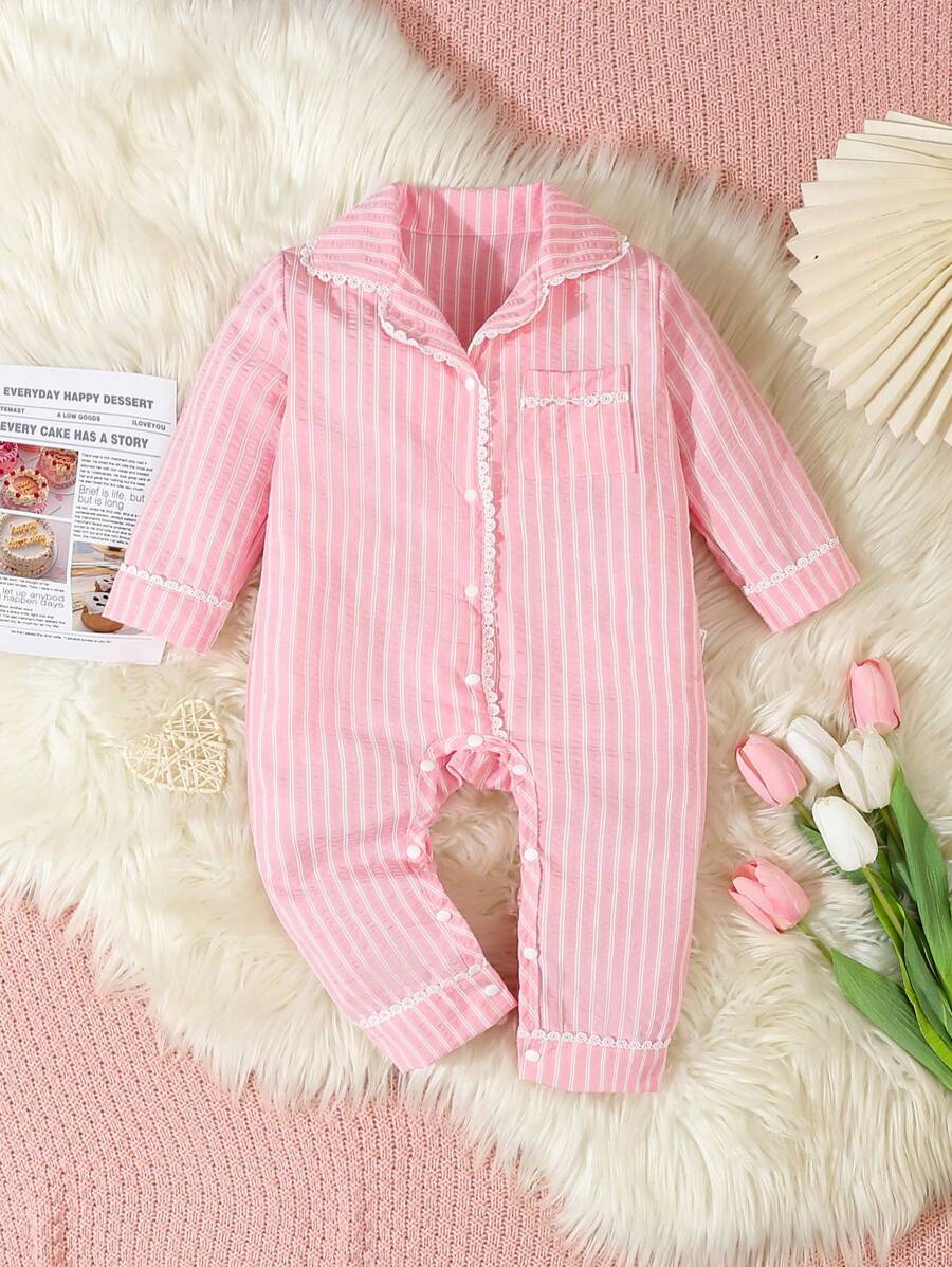 Bộ đồ liền thân dài tay sọc hồng đơn giản thời trang cho bé gái, đồ mặc ở nhà rộng rãi và ấm áp - Hồng - Xem 1