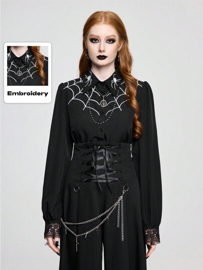 Goth Blouse supérieure brodée de toile d'araignée gothique sombre pour femmes, à superposer