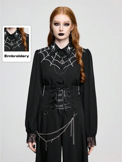 ROMWE Women's Gothic Dark Spider Web Embroidered Blouse Top, Layerable