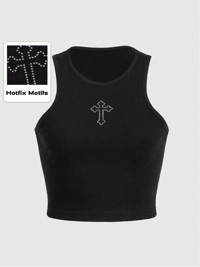 Grunge Punk Top a canottiera con motivo a croce e strass, scolastico