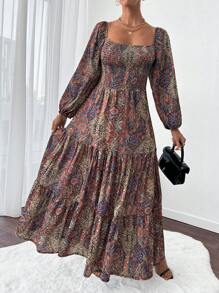 RueChic All Over Printed Texture Fabric, Boho Style, Balloon Sleeve Maxi Dress - Multicolor - View 3