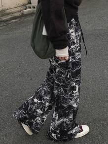 FRIFUL Pantalones casuales para mujer con bolsillo de cordón y estampado completo