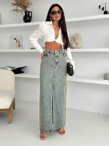 RueChic WOMEN MAXI DENIM SKIRT SLASH DETAIL - Medium Wash - View 6