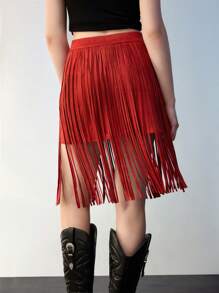 Maija Women's Western-Style Solid Color Casual Suede Skirt - Red - View 4